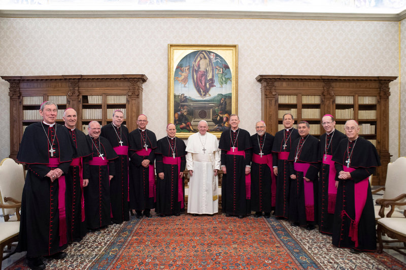 Pope Francis is pictured with U.S. bishops from Arizona, Colorado, New Mexico, Utah and Wyoming during their "ad limina" visits to the Vatican Feb. 10, 2020. The bishops were making their "ad limina" visits to report on the status of their dioceses. (CNS photo/Paul Haring) See POPE-THIRTEEN-ADLIMINA Feb. 10, 2020.