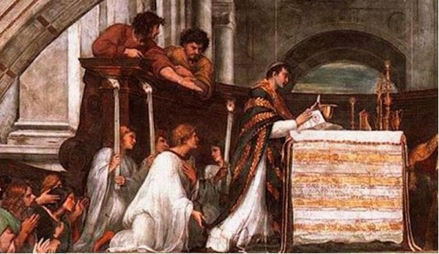 Detalle del fresco, obra de Rafael, que conmemora el milagro eucarístico de Bolsena.                                        En Museos Vaticanos (Roma)