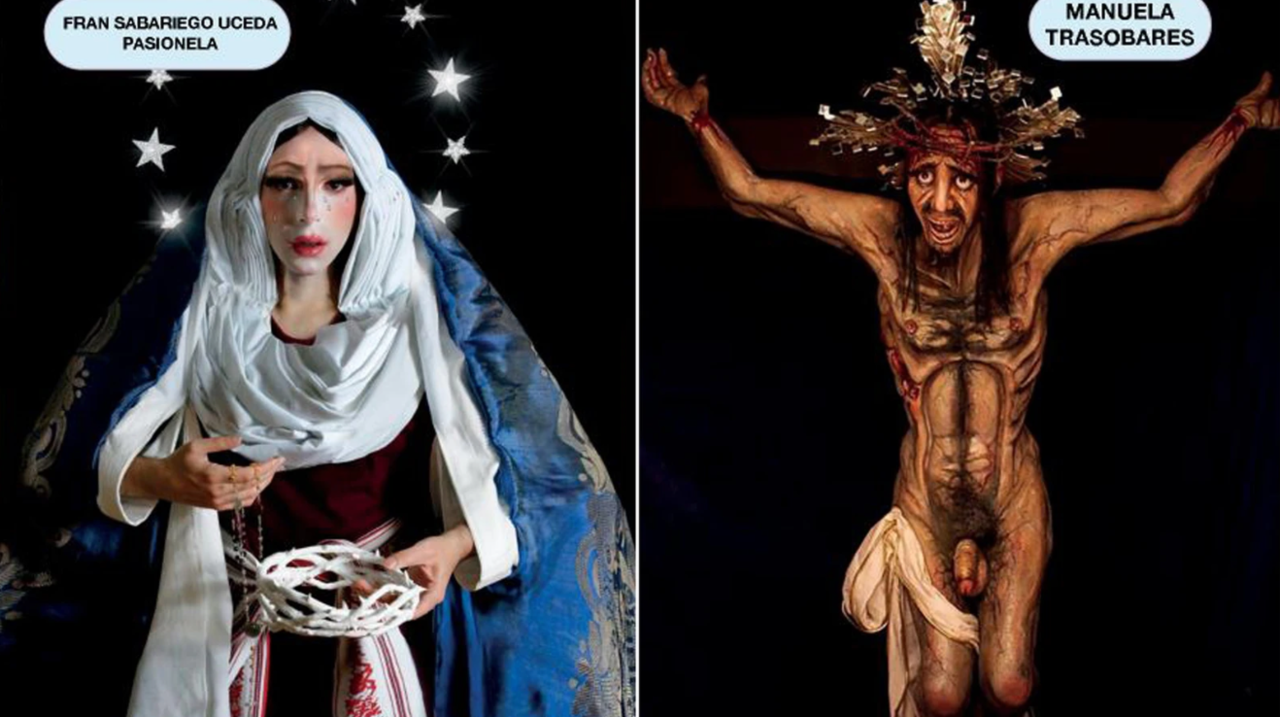 La revista muestra presenta en sus páginas "una imagen de Jesucristo que muestra su pene y vello púbico y otra de Virgen representada por un travestido"@XES