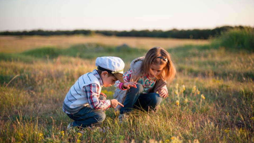 Niños jugando descubriendo la naturaleza.