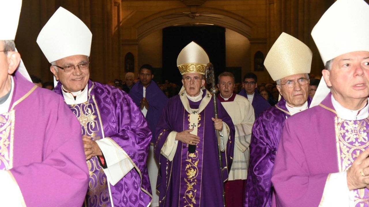 Carlos Osoro, Antonio María Rouco, el cardenal Baltazar Porras, arzobispo de Mérida (Venezuela) y Juan Antonio Martínez Camino. Foto: Miguel Hernández.   