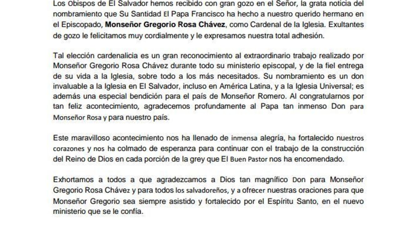 Comunicado del arzobispado de San Salvador. 