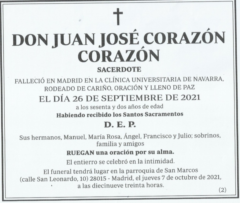 Esquela Juan José Corazón.