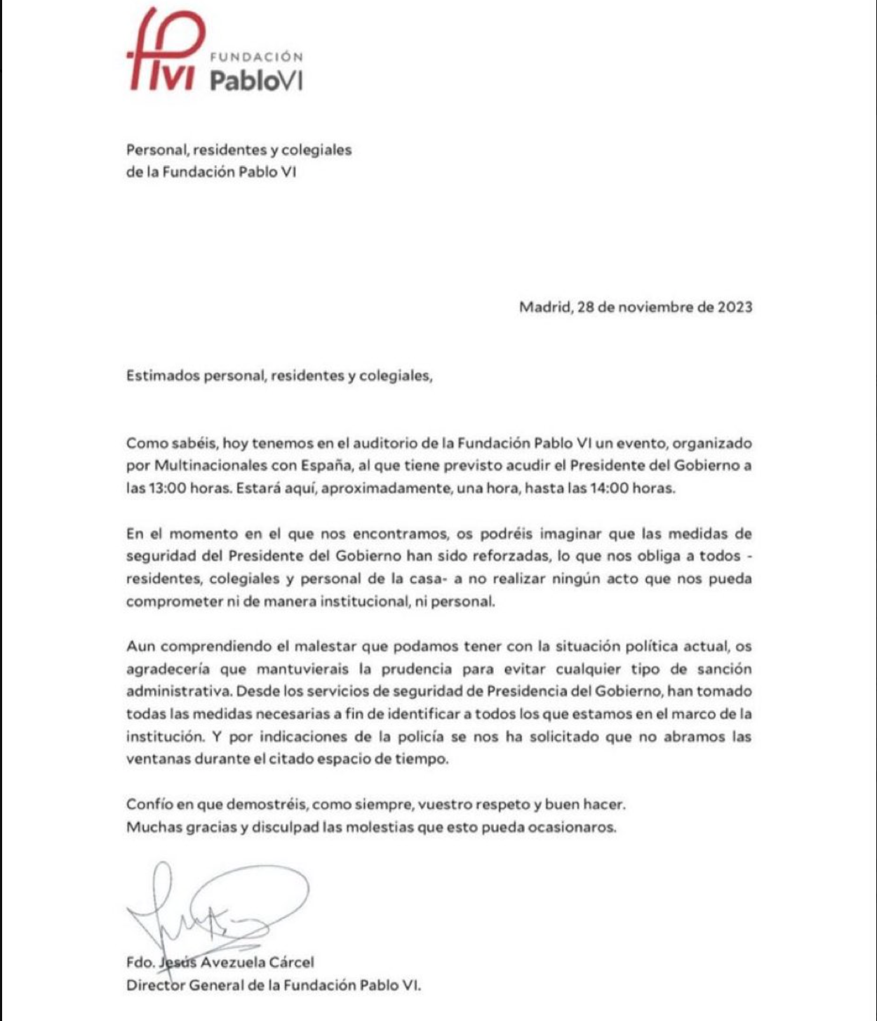 Carta del director general de la Fundación Pablo VI.